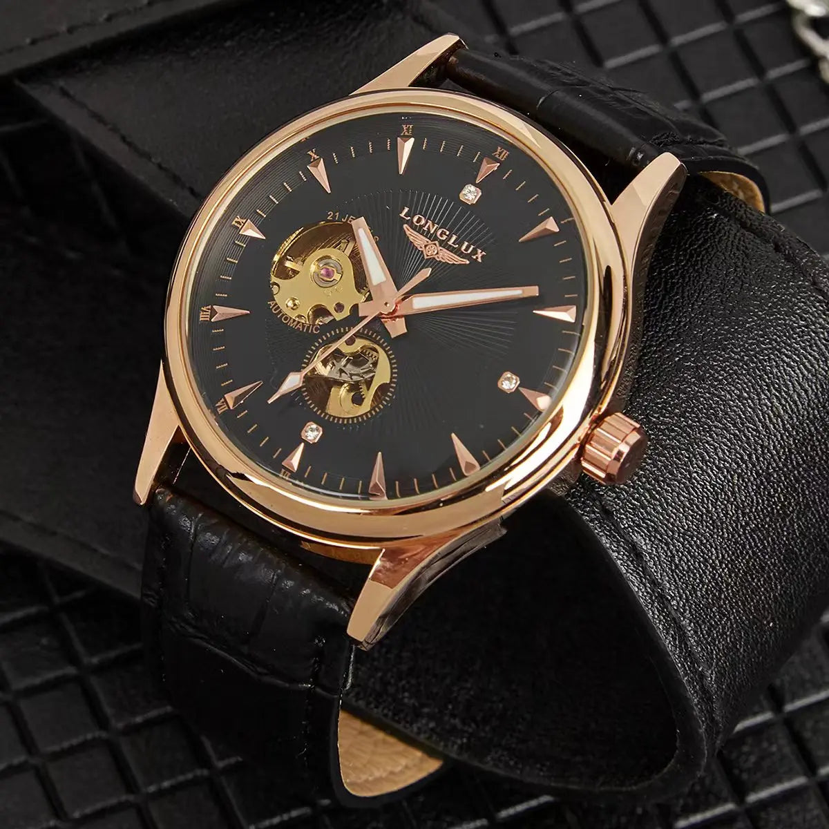 LONGLUX Automatikuhr eleganter Stil Großhandel mechanische Armbanduhren Skelett Rom wasserdichte Herrenuhr Männer Geschenk