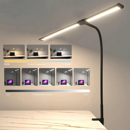 Doppelkopf-Schreibtischlampe mit LED-Clip, Architekten-Tischlampe für die Beleuchtung im Home-Office, 3-Farben-Modus und 10 dimmbare Schreibtischlampen mit Augenschutz