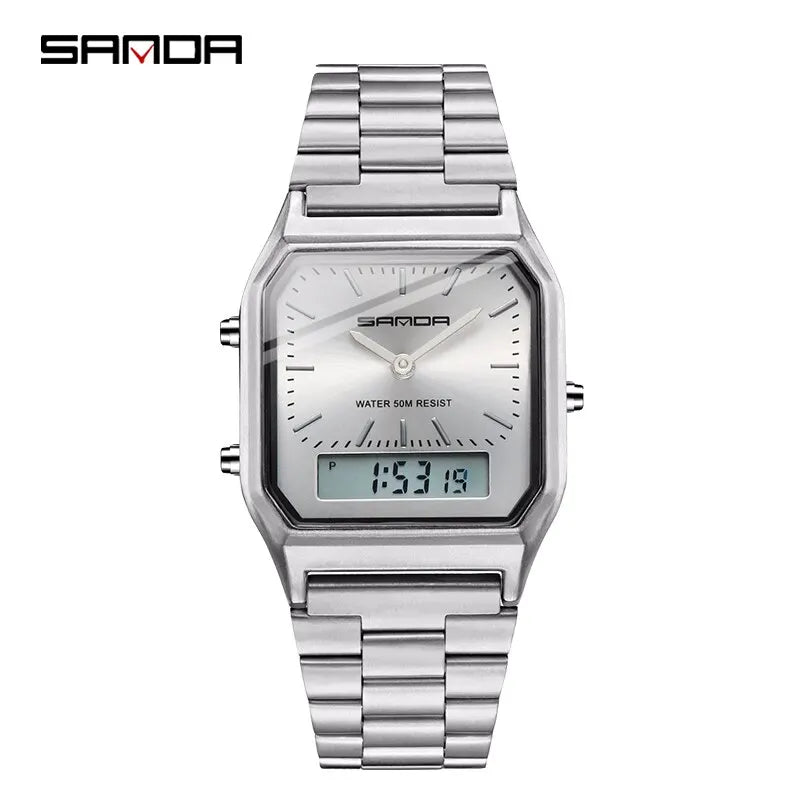 Sanda Luxus Herren g Stil Uhren Edelstahl Damen LED Digital Dual Display Uhr Unisex wasserdichte Sport Quarzuhr