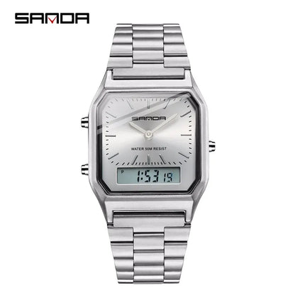 Sanda Luxus Herren g Stil Uhren Edelstahl Damen LED Digital Dual Display Uhr Unisex wasserdichte Sport Quarzuhr