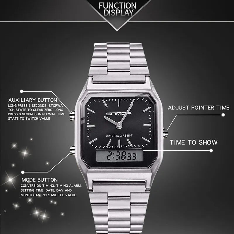 Sanda Luxus Herren g Stil Uhren Edelstahl Damen LED Digital Dual Display Uhr Unisex wasserdichte Sport Quarzuhr