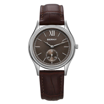 BERNY Herrenuhren, luxuriös, klassisch, stilvoll, Kleid, Quarzuhr, ultradünnes Edelstahlgehäuse, elegante Lederarmband-Armbanduhr