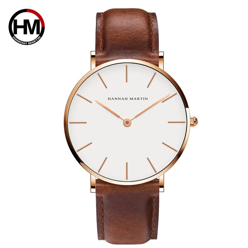 Hannah Martin Marke Mode Japan Quarz Armbanduhren Silber Braun Leder Männer Uhr Wasserdichte Kleid Uhr Männer Casual