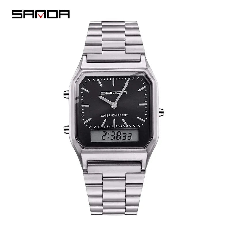 Sanda Luxus Herren g Stil Uhren Edelstahl Damen LED Digital Dual Display Uhr Unisex wasserdichte Sport Quarzuhr