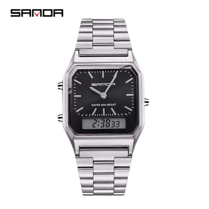 Sanda Luxus Herren g Stil Uhren Edelstahl Damen LED Digital Dual Display Uhr Unisex wasserdichte Sport Quarzuhr