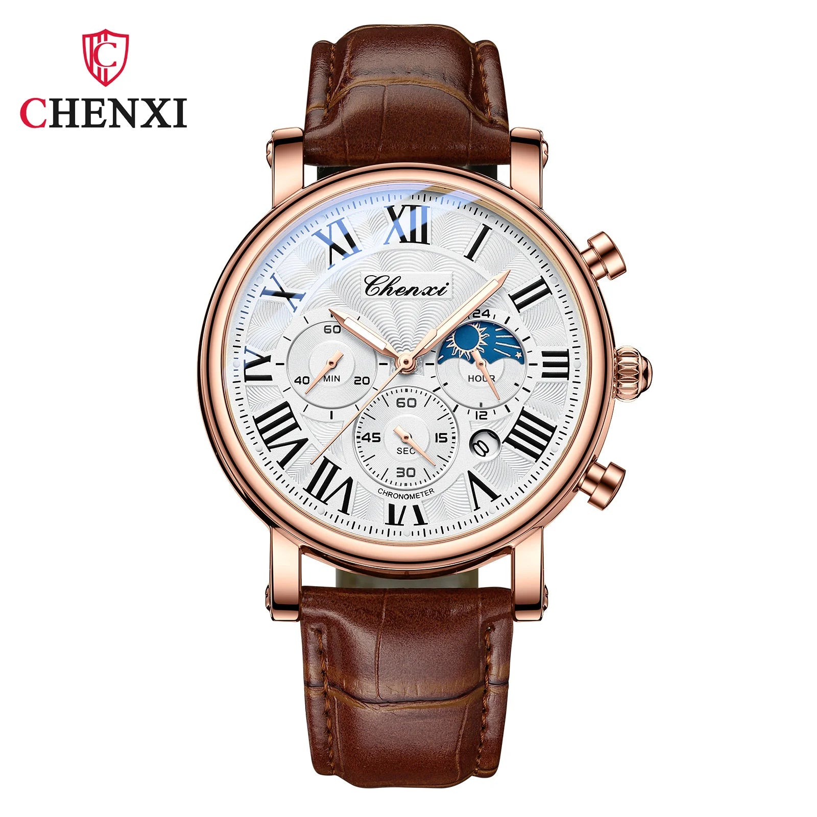 CHENXI 973 Multifunktions-Business-Mondphase, Datum, wasserdicht, Rom, analog, importiert, Herren-Armbanduhr, Zifferblatt, Quarz-Lederuhren