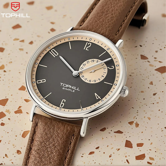 TOPHILL Bauhaus-Quarzuhr für Herren, ultradünn, 40 mm, minimalistisches Zifferblatt, Saphirglas, Lederarmband, Edelstahlgehäuse