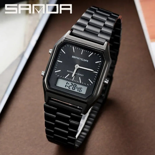 Sanda Luxus Herren g Stil Uhren Edelstahl Damen LED Digital Dual Display Uhr Unisex wasserdichte Sport Quarzuhr