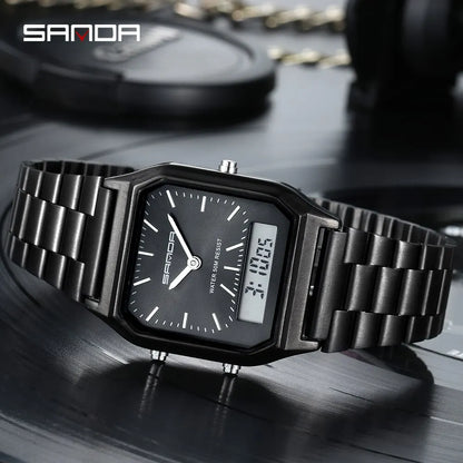 Sanda Luxus Herren g Stil Uhren Edelstahl Damen LED Digital Dual Display Uhr Unisex wasserdichte Sport Quarzuhr