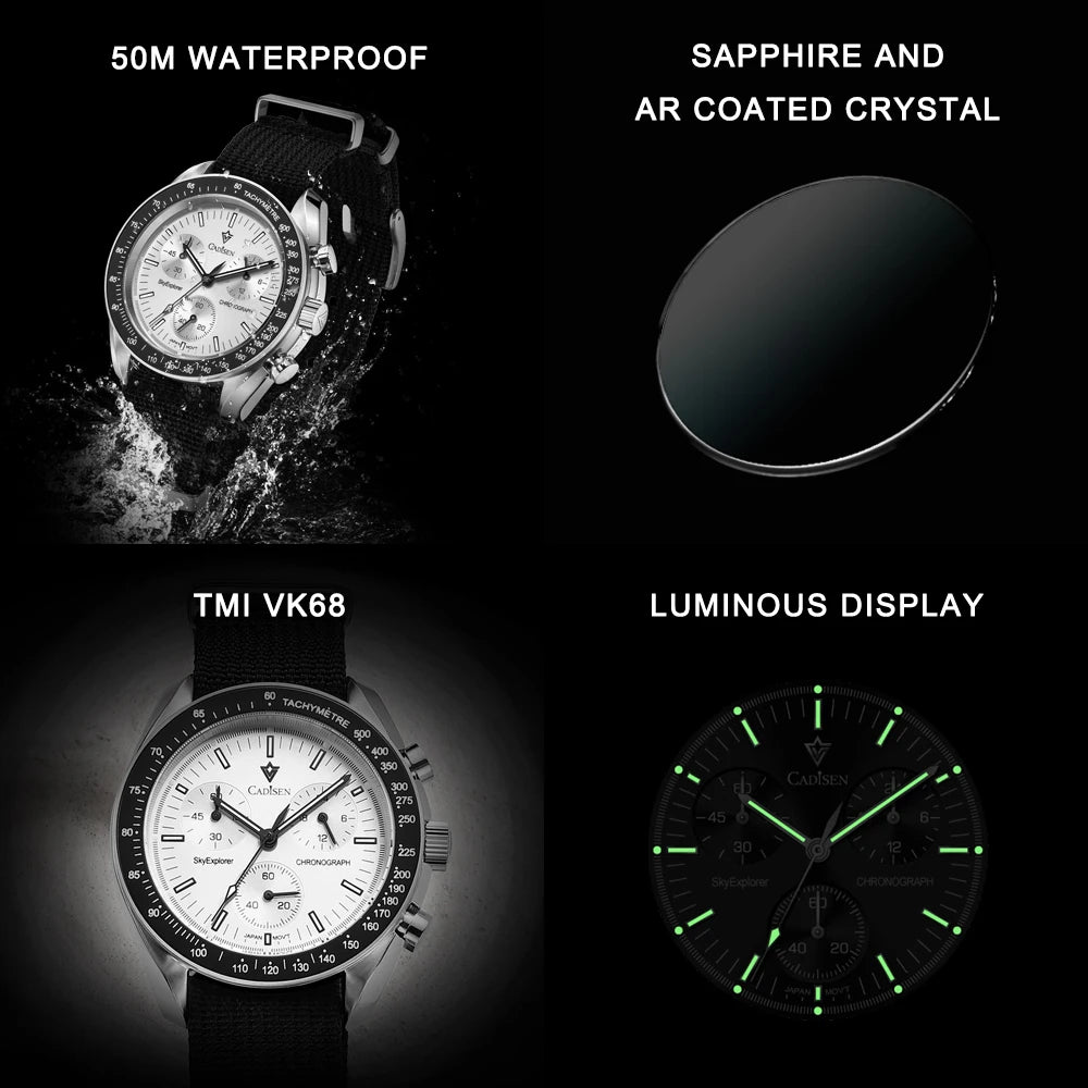 CADISEN Neue Herrenuhren Luxus Quarz Armbanduhr Für Männer Saphir AR Beschichtet Kristall Leinwand VK68 Geschwindigkeit Chronograph Automatik