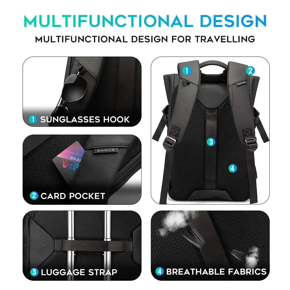 Bange Herren-Mode-Rucksack, 15,6 Zoll, multifunktionaler wasserdichter Rucksack, tägliche Reisetasche, lässiger Schulrucksack mit Schnalle
